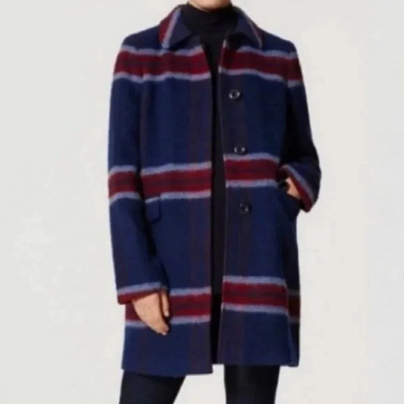 Loft Blue Red Plaid Stripe Wool Coat X-Small - Picture 2 of 8